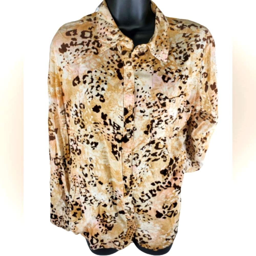 White Stag Leopard,Long Sleeve,Button Up Top with Roll up/Button Tab Sleeve